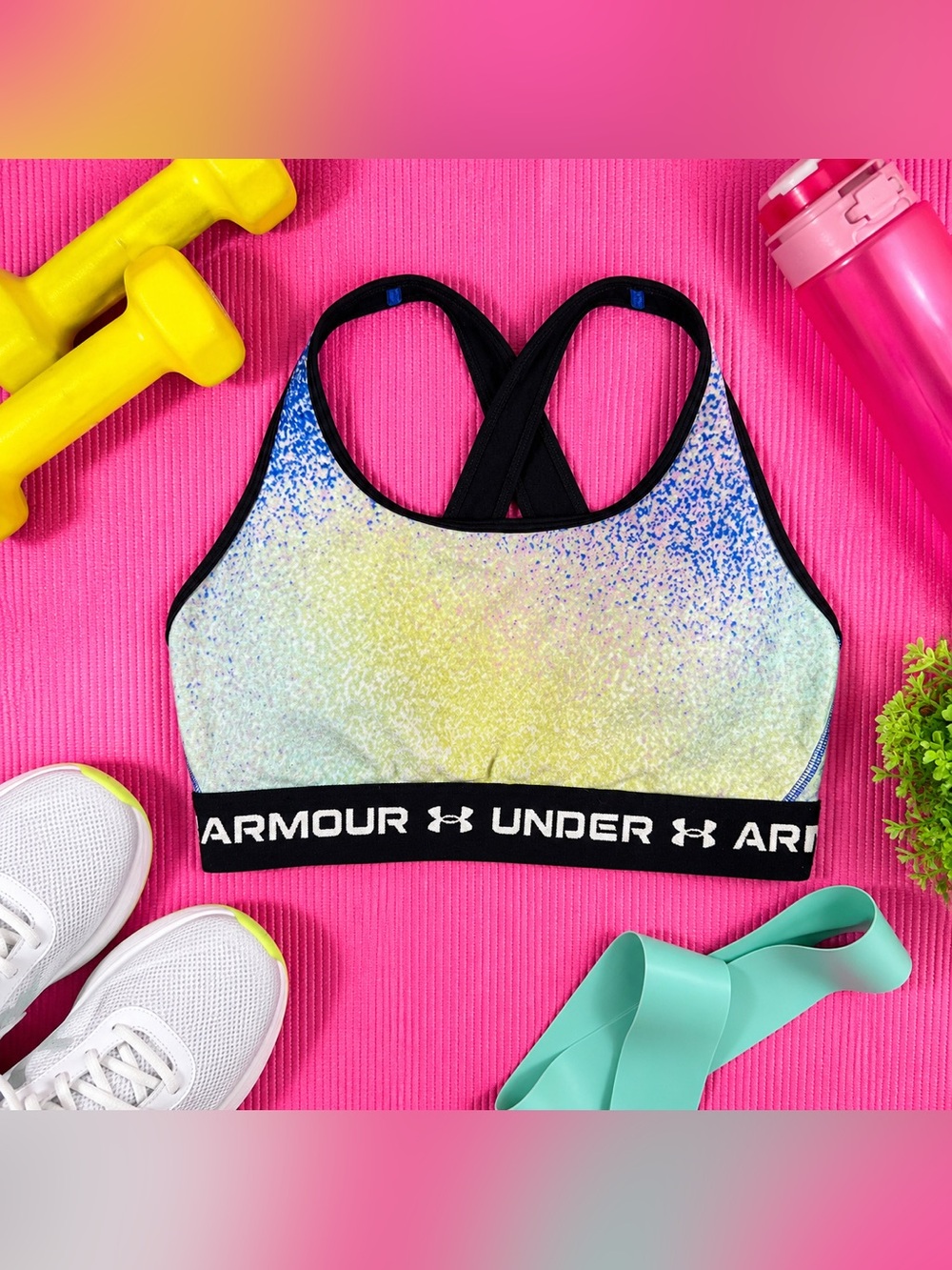 Under Armour Mid Compression Sports Bra MD Blue Green Print Athletic Gym